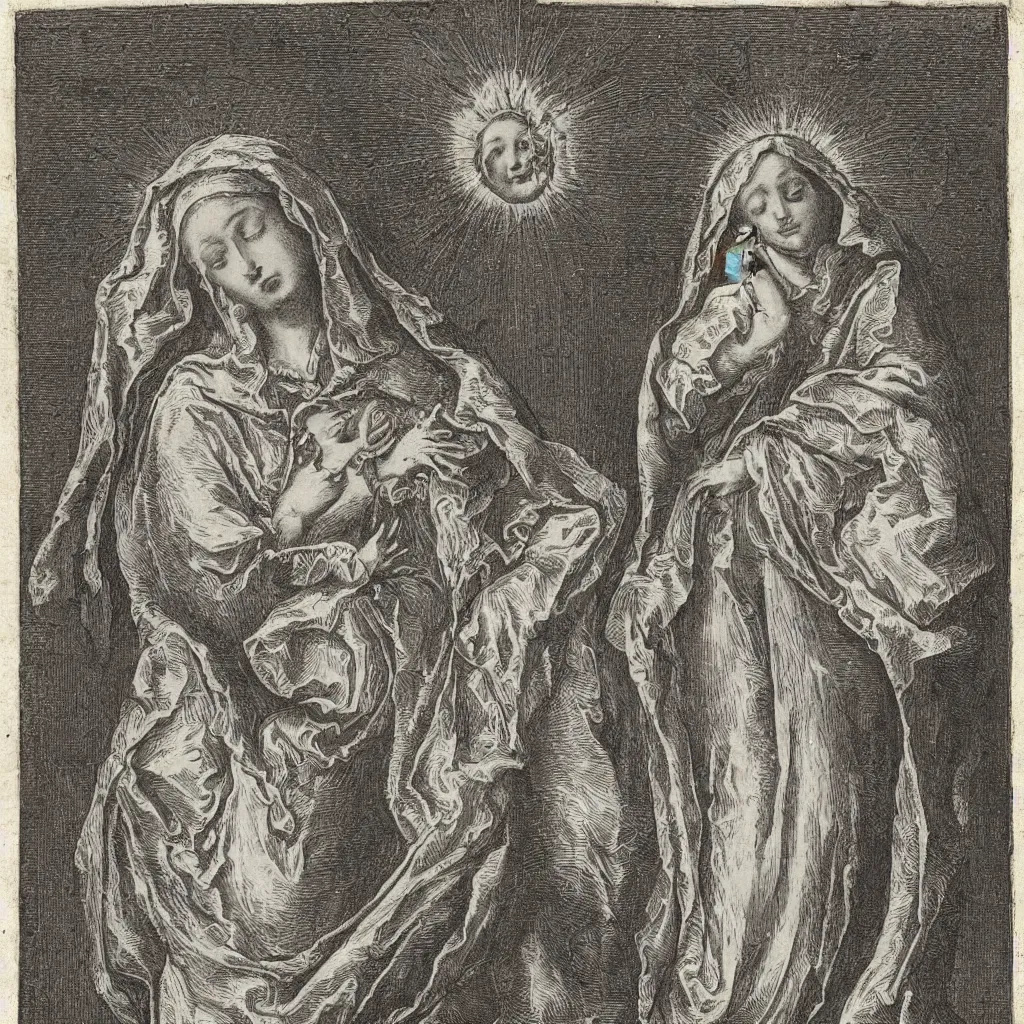 Prompt: etching of the immaculate heart of mary, highly detailed, with a baroque border, rococo styling, black and white, preserved from a 17th century breviary on vellum