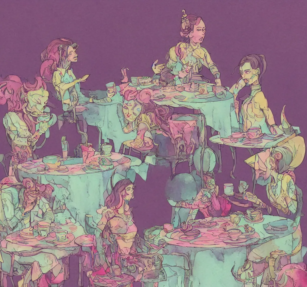Prompt: soldier of chaos, mischief and beauty having tea alone at a table in a pastel fantasy land, surreal, glitched watercolor, chromatic abberation, trending on artstation, in the style of james jean feint, inspired by art nouveau
