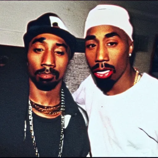 Image similar to phot of 2 pac if he was alive today hanging with eminem.