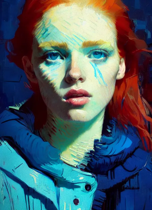 Image similar to portrait of a beautiful girl, redhead, shades of blue, warm colors, beautiful face, rule of thirds, intricate outfit, spotlight, by greg rutkowski, by jeremy mann, by francoise nielly, by van gogh, digital painting