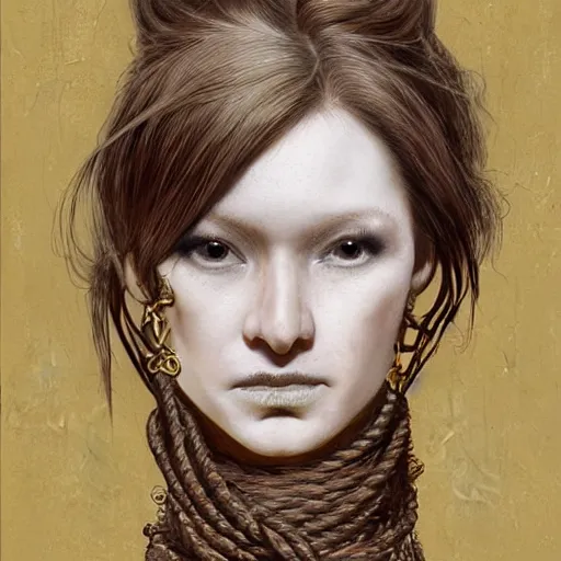 Image similar to portrait of a Shibari rope wrapped face and neck, headshot, insanely nice professional hair style, dramatic hair color, digital painting, of a old 13th century, traveler, amber jewels, baroque, ornate clothing, scifi, realistic, hyperdetailed, chiaroscuro, concept art, art by Franz Hals and Jon Foster and Ayami Kojima and Amano and Karol Bak,