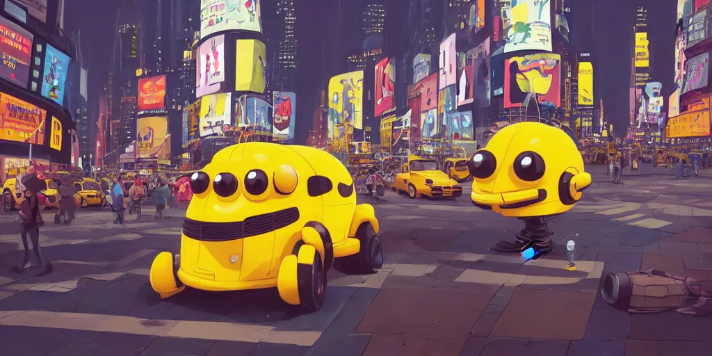 Image similar to cute cartoon bumblebee person in Times Square at night by Goro Fujita and Simon Stalenhag and Matt groening,8k, trending on artstation, hyper detailed, cinematic