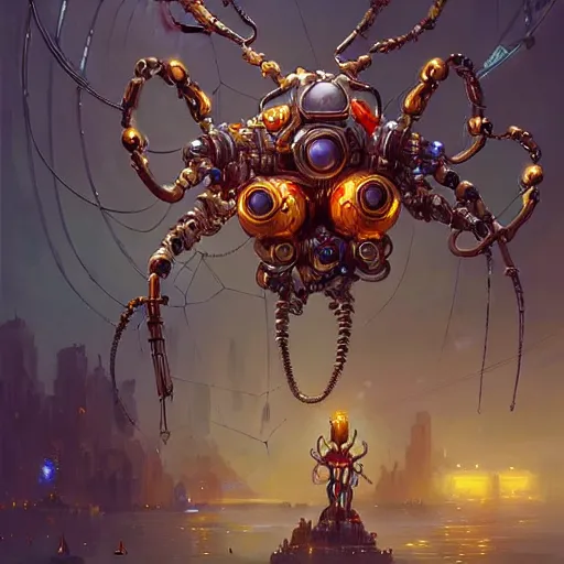 Image similar to biomechanical spider king, cyberpunk, bionics, augments, lights, cables, elegant gleaming intricate baroque jewellery, colorful, vivid, imposing, epic, digital painting, artstation, concept art, by peter mohrbacher and wlop and rhads,