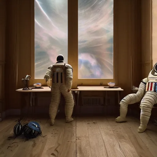 Image similar to 3 cosmonauts in a spacesuit drinks a steaming cup of tea at an old wooden desk in a richly decorated victorian house. the autumn light comes in through a window and dimly illuminates the room, diffuse light, octane render