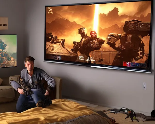 Prompt: a beautiful illustration of my friend mark kidd, playing fallout new vegas on the xbox 3 6 0 in his living room. the tv is the only light source, in the style of studio ghibli, artwork by studio ghibli, gamers bedroom, posters. cinematic composition, anime, 8 k resolution, black, yellow and red colour scheme,