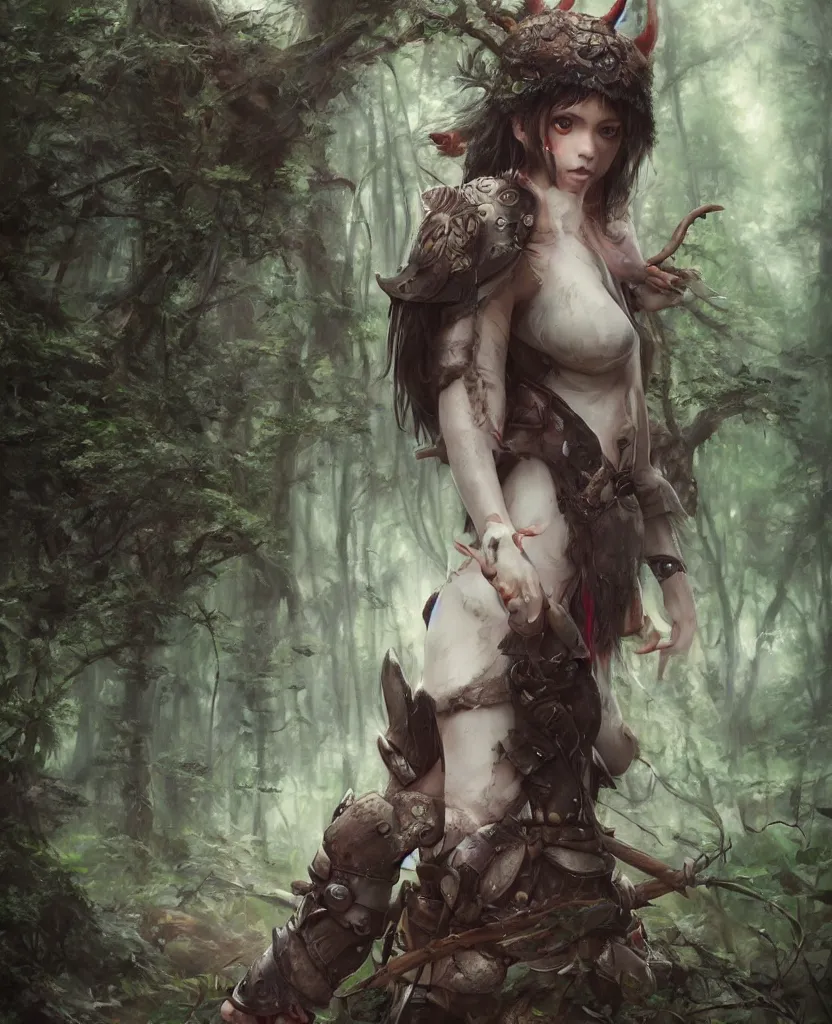 Image similar to portrait of Princess Mononoke girl, fully clothed in armor, lush forest landscape, painted by tom bagshaw, proko, artgerm, norman rockwel, james gurney, denoised, sharp, architectural