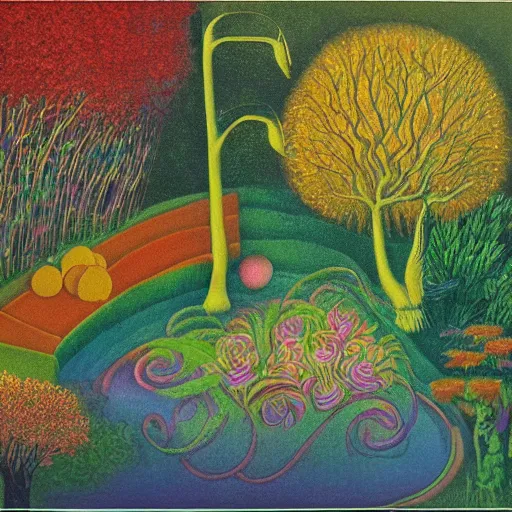 Image similar to garden of the morning calm, surreal, 1980, colorful