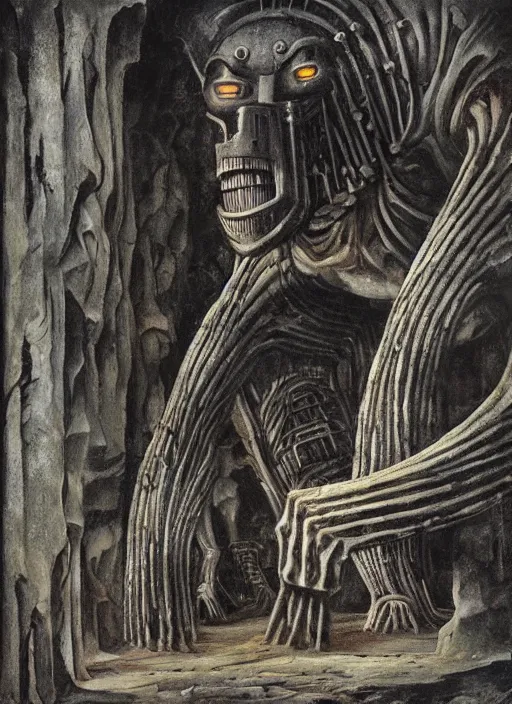 Prompt: giant steel golem in a cave, giger