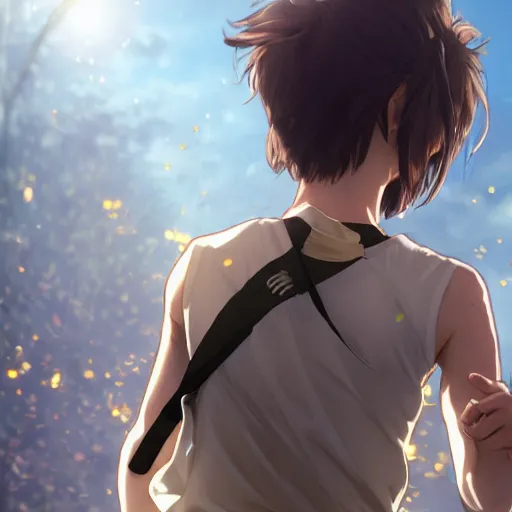 Image similar to a girl is running, sport clothing, marathon, anime style, brown short hair, hair down, symmetrical facial features, from arknights, hyper realistic, rule of thirds, extreme detail, detailed 4 k drawing, safebooru, realistic lighting, by alphonse mucha, greg rutkowski, backlit