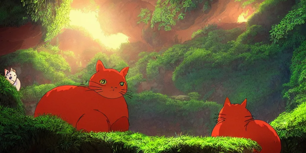 Image similar to red cat shaped like totoro looking into large cave entrance in a lush forest, beautiful ambiance, sunset, studio ghibli style, by hayao miyazaki, sharp focus, highly detailed, 4k