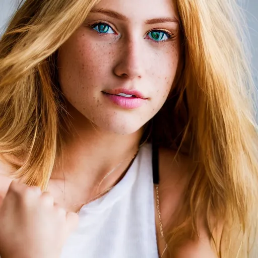 Image similar to Portrait Photography closeup of a Blonde Girl, Young Beautiful Face, Green Eyes, Freckles, Wearing a white crop-top and jeans, with a subtle smile, Epic, Charming, Character, trending on 500px