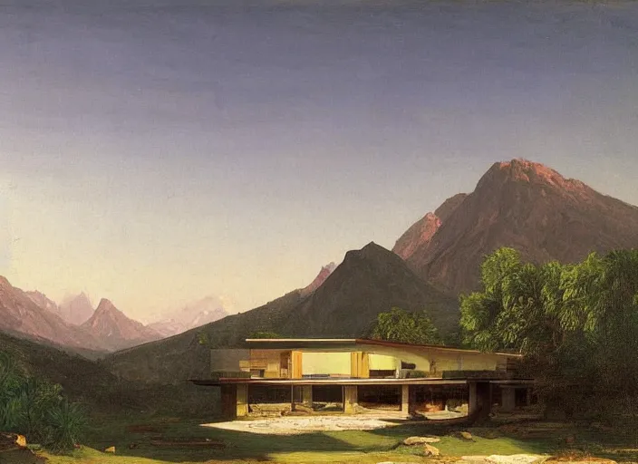 Image similar to painting of a john lautner house in front of beautiful mountains by thomas cole