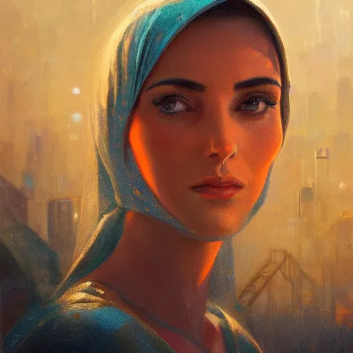 Image similar to detailed face of an arabic woman, tectonic cityscape, skydome, reactor, utopian, wet reflections, prism, atmospheric, ambient, pj crook, syd mead, livia prima, artgerm, greg rutkowski, nick alm, casey baugh