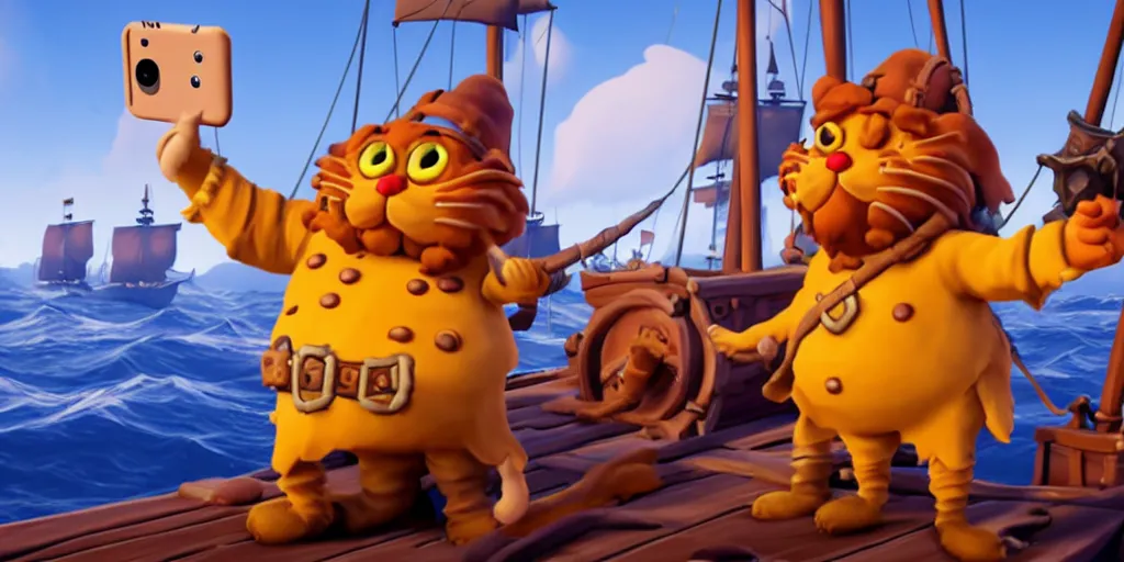 Image similar to selfie of garfield as a sea of thieves character, sea of thieves screenshot, storm, unreal engine, digital art