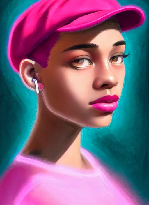 Image similar to portrait of teenage vanessa morgan with bright pink hair, black girl, curly pixie cut hair, wearing newsboy cap, pink short haircut, newsboy cap, hoop earrings, blue eyes, intricate, elegant, glowing lights, highly detailed, digital painting, artstation, concept art, smooth, sharp focus, illustration, art by wlop, mars ravelo and greg rutkowski