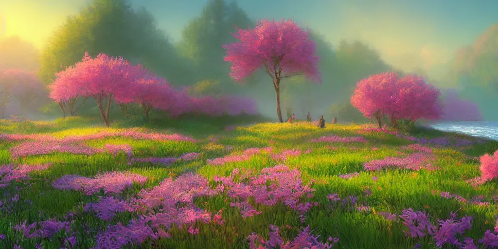 Prompt: Ocean inspired by Evgeny Lushpin,flower meadow,spring,cinematic,trending on ArtStation