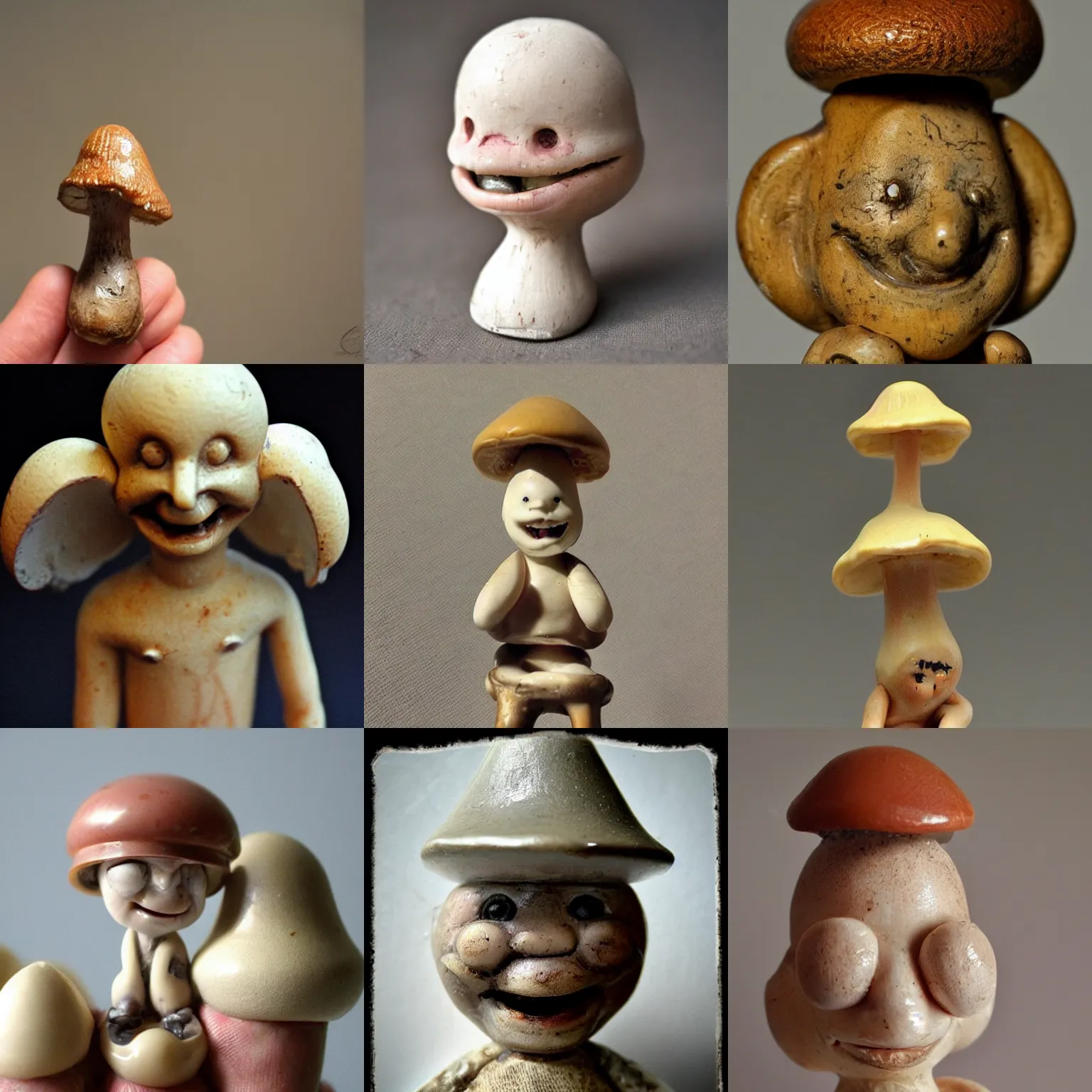 Prompt: anthropomorphic smiling! antique mushroom!!! figurine, disturbing creepy macro photo