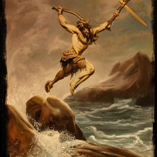 Prompt: viking warrior leaping off a cliff to slay a sea serpent