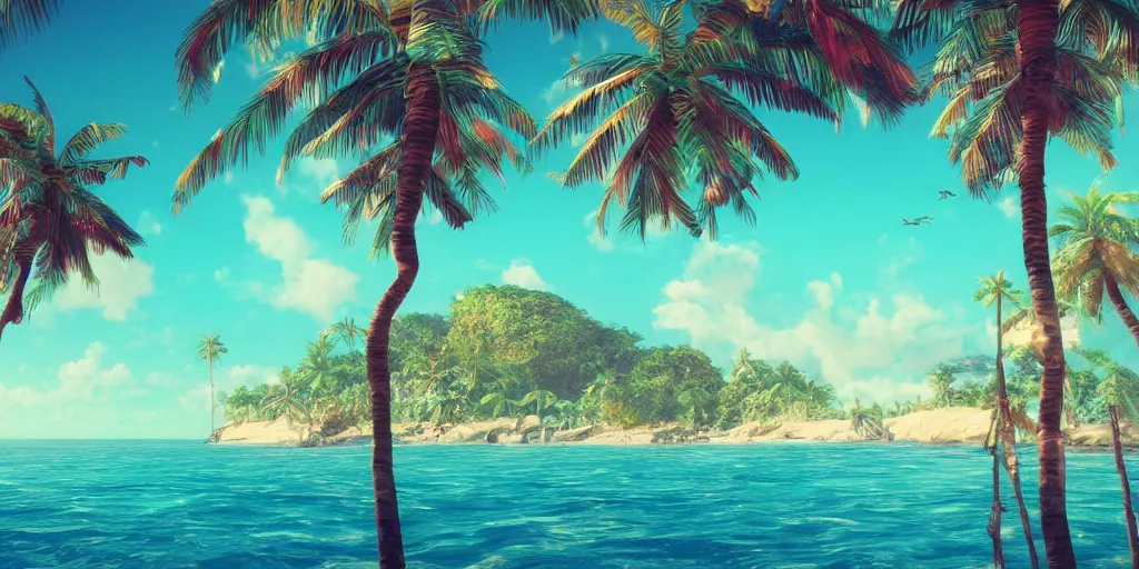 Image similar to the most beautiful tropical island, seashore, flowers, palmtrees, animals, bokeh, godrays, highly detailed, lowbrow, cinematic, artstation