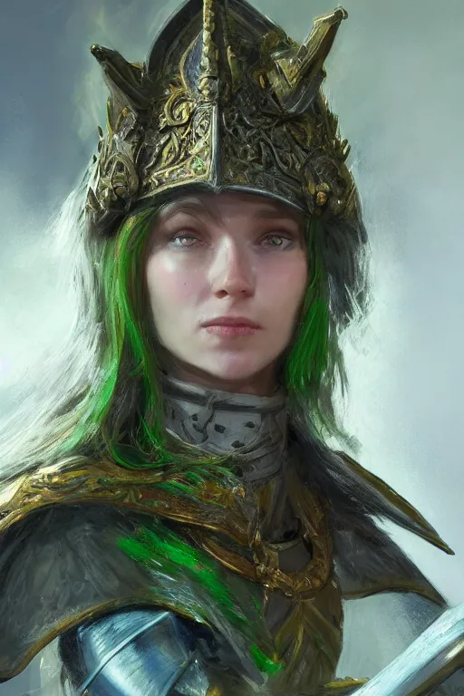 Image similar to highly detailed full body portrait painting of a proud young female knight in the style of Warhammer Fantasy by Craig Mullins, medium hair, green eyes, earrings, no helmet, low angle shot, highly detailed, trending on artstation, cgsociety, 4k, 8k, HDR, octane render, unreal engine