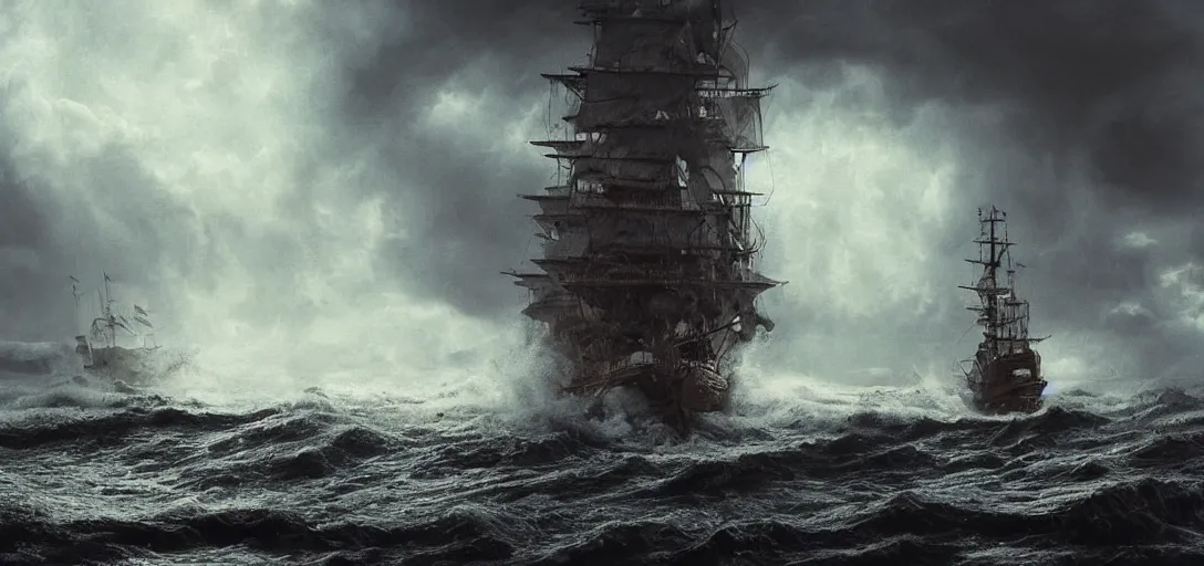 Image similar to wild ocean storm, old wooden pirate ship gets pulled down by giant kraken, appearing from fog, mist, dramatic lighting, cinematic, establishing shot, extremly high detail, foto realistic, pirates of the carribean, cinematic lighting, post processed, concept art, artstation, matte painting, style by eddie mendoza, raphael lacoste, alex ross