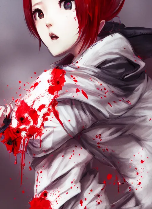 Prompt: a highly detailed illustration of short hair cute japanese girl wearing blood stained hoodie and bandages on legs, bright red eyes, dramatic sadistic berserk pose, intricate, elegant, highly detailed, centered, digital painting, artstation, concept art, smooth, sharp focus, league of legends concept art, WLOP