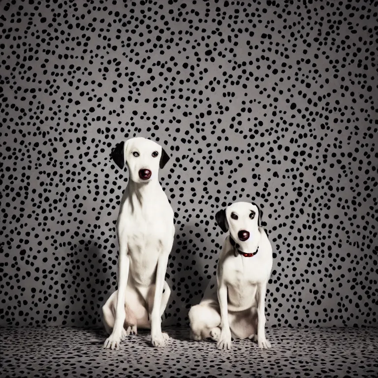 Image similar to vogue photoshoot octane render portrait of 1 0 1 dalmatian with white background, focus bright colorful pastel exotic vintage boutique hotel lounge, very short depth of field, bokeh