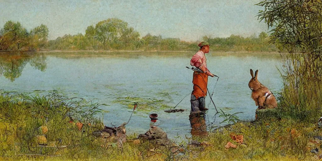 Image similar to a rabbit fishing by a calm lake, in the style of carl larsson