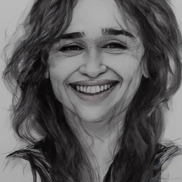 Image similar to an amaze - art painting of emilia clarke using single line, amaze art, smiling face