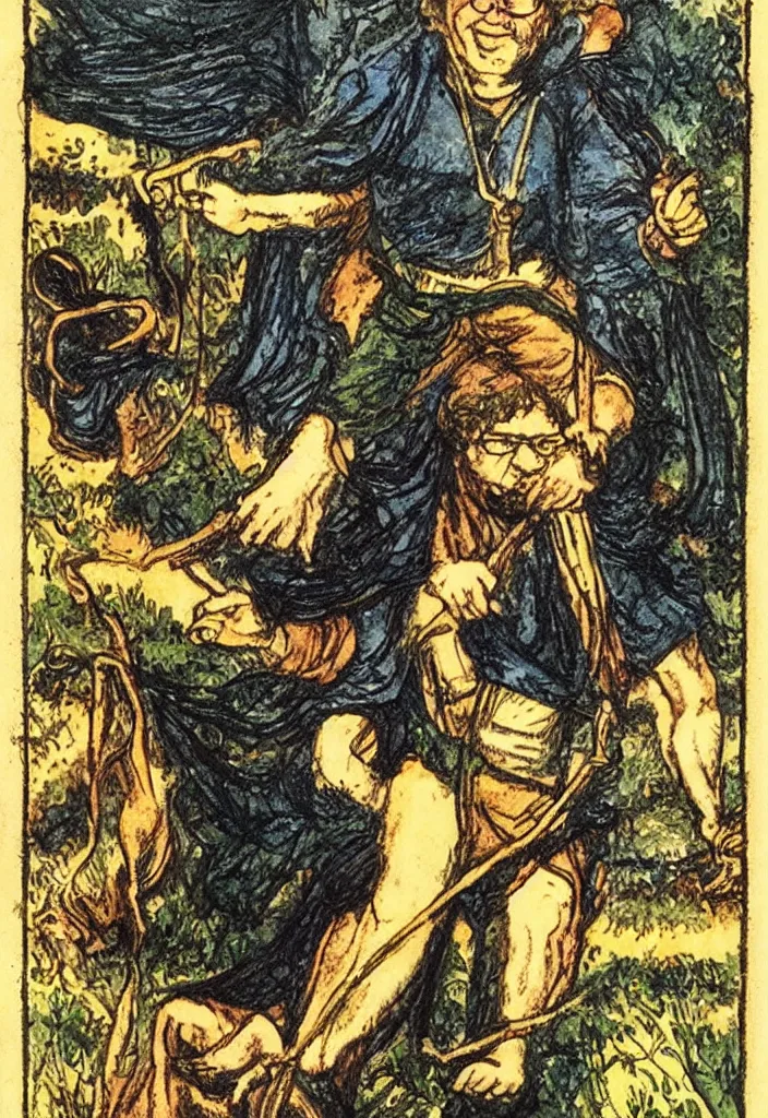 Image similar to Yann LeCun smiling on the Rider–Waite tarot. Illustration by preraphaelists.