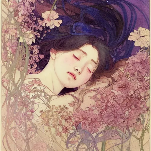 Image similar to a beautiful intricate watercolor illustration of a sleeping cute girl, 4 k, ultra - wide angle, by william turner, by victo ngai, by alphonse mucha, by miho hirano, by ellen jewett, hd, trending on artstation, hyper detailed, muted colors