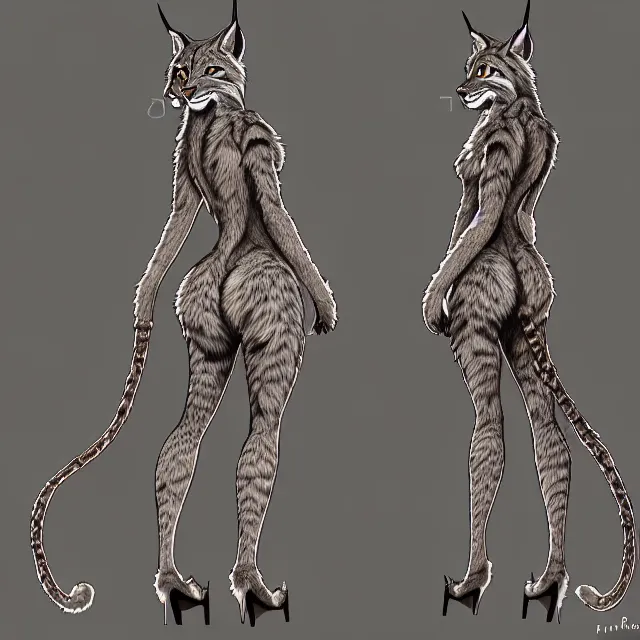 Image similar to the full body of anthropomorphic lynx fursona from behind wearing a steampunk suit as unimaginably beautiful, gorgeous, elegant, young woman with lynx head, an ultrafine hyperdetailed illustration by furaffinity, intricate linework, white fur, unreal engine 5 highly rendered, global illumination, radiant light, detailed and intricate environment, no feral, no taur