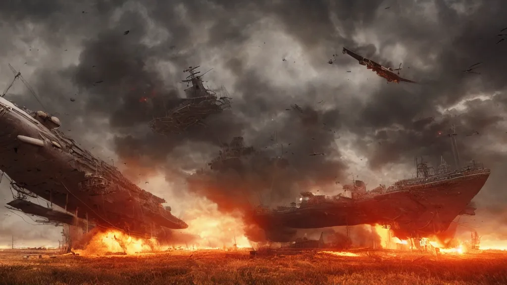 Image similar to an immense steampunk aircraft carrier crashed and burning in a field, thick black smoke billowing, turbulent storm clouds, dystopian, sharp focus, octane render, imax