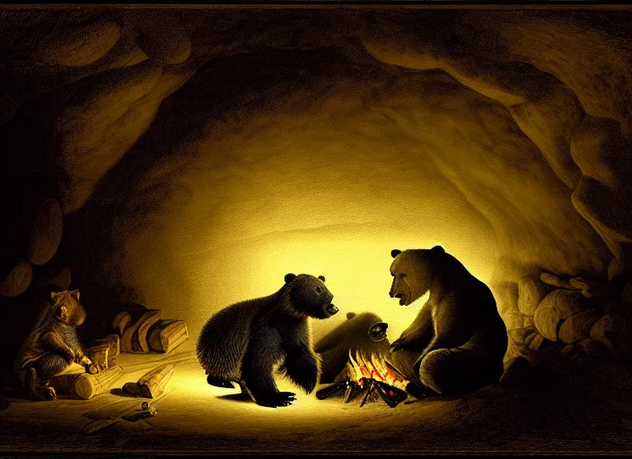 Image similar to Pieter Claesz's 'a bear and her cub sleeping in a dark cave, lit by campfire', night time, cross hatching, backlit, beautiful wooden frame, monochrome, colours of the sunset