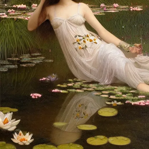 Image similar to a painting of a woman with greek white clothes floating in a pond of water lillies, a fine art painting, by liu jun, cgsociety, deviantart, pre - raphaelitism, figurative art, magical realism, detailed painting, made of flowers