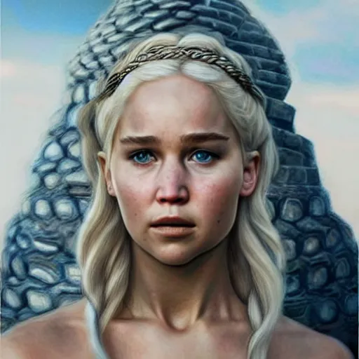 Image similar to portrait of the daughter of daenerys targaryen and jennifer lawrence as a young woman, hyperdetailed, hyperrealism.