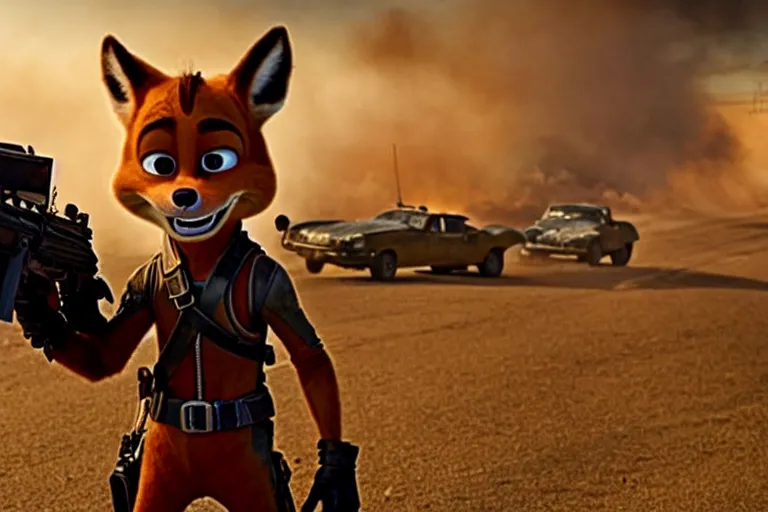 Image similar to nick wilde, heavily armed and armored facing down armageddon in a dark and gritty reboot from the makers of mad max : fury road : witness me