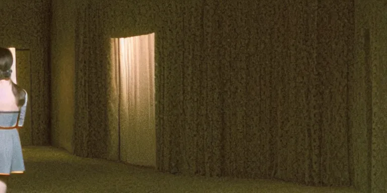 Image similar to photorealistic ultra wide cinematography of danny and wendy torrance from stanley kubrick's 1 9 8 0 film the shining, walking inside and navigating through the hedge labyrinth outside overlook hotel shot on 3 5 mm eastman 5 2 4 7 film by the shining cinematographer john alcott shot on a wide kinoptik tegea 9. 8 mm lens. with golden ratio composition