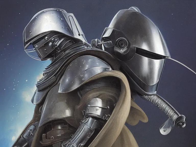 Image similar to a detailed profile portrait painting of a bounty hunter in polished armour and visor. Fencing. cinematic sci-fi poster. Cloth and metal. Welding, fire, flames, samurai Flight suit, accurate anatomy portrait symmetrical and science fiction theme with lightning, aurora lighting clouds and stars. Clean and minimal design by beksinski carl spitzweg giger and tuomas korpi. baroque elements. baroque element. intricate artwork by caravaggio. Oil painting. Trending on artstation. 8k