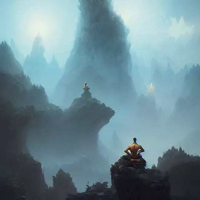 Image similar to in the style of peter mohrbacher, a glowing monk floating and meditating on a rock, dystopian landscape, intricate, masterpiece, award winning, fantasy, hyperrealism intricate