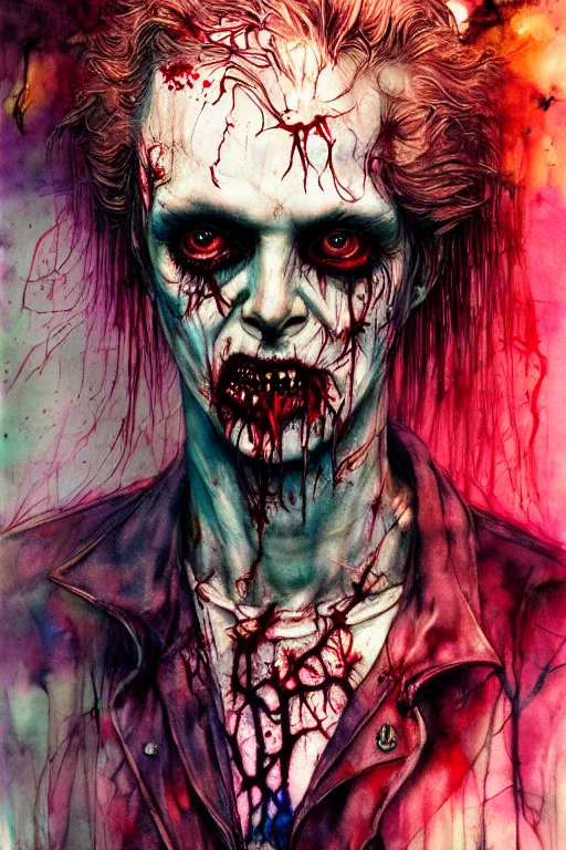 Image similar to zombie cop by agnes cecile, enki bilal, brian froud, bernie wrightson, intricated details, 3 / 4 view, full body portrait, extremely luminous bright design, horror, pastel colours, toxic drips, autumn lights