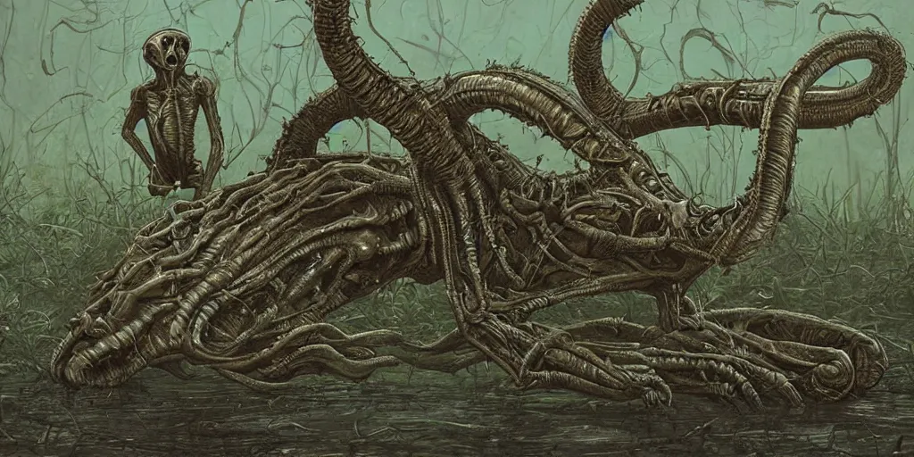 Prompt: extremely disturbing alien creature crawling through a swamp, created by Scott Listfield