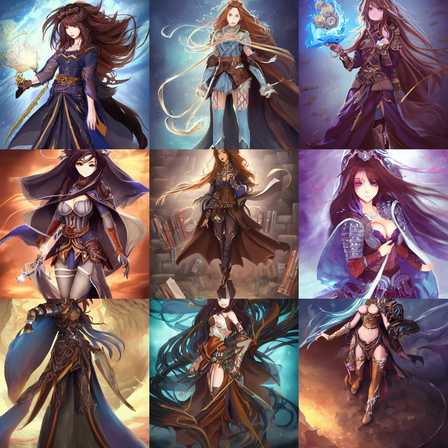 Prompt: “A detailed gorgeous beautiful anime woman with brown flowing hair, mage , long blue cape, decorative leather armor, excellent detail, action pose, surrounded by a catacomb of books, high quality, Full-body character portrait, character concept art, in the style of rossdraws, trending on artstation, hyper detailed, official art”