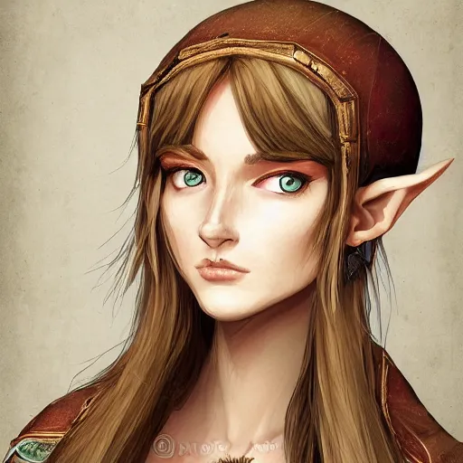 Prompt: portrait, 30 years old women :: fantasy elf, small ears :: amber eyes, long straight darkblond hair :: attractive, symmetric face :: brown medieval cloting, natural materials :: high detail, digital art, RPG, concept art, illustration