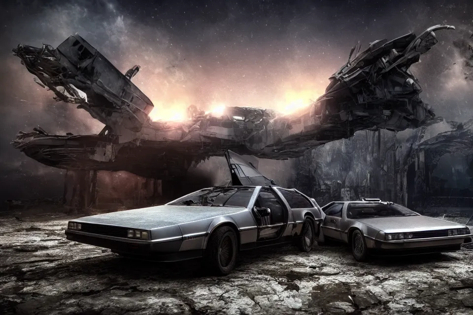 Image similar to delorean dmc 5 next to ancient space ship wreck horror, dark cinematic, volumetric, realistic, 3 d render, realistic render, cinematic lighting, volumetric lighting, atmospheric, cinematic, unreal engine, unreal engine render, octane render, hd, photorealism, hyper realistic, photo, 8 k