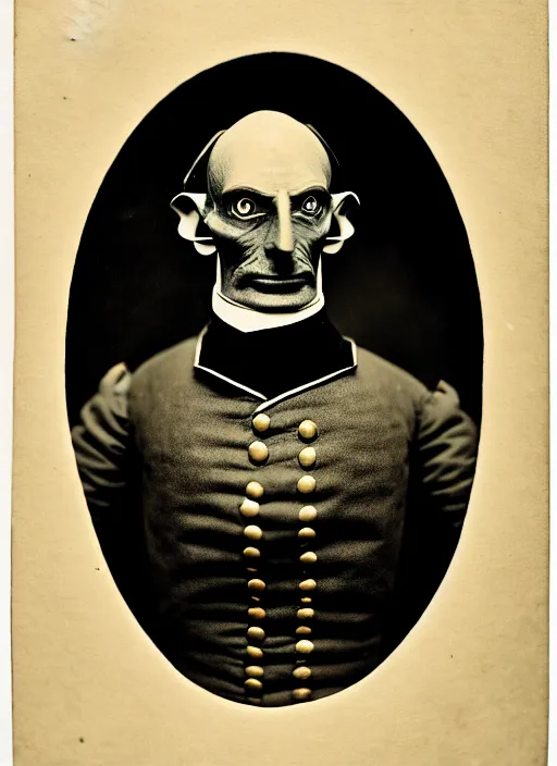 Image similar to portrait of a victorian alien wearing a a military jacket, victorian, detailed face, highly detailed, cinematic lighting, photograph by elliott & fry