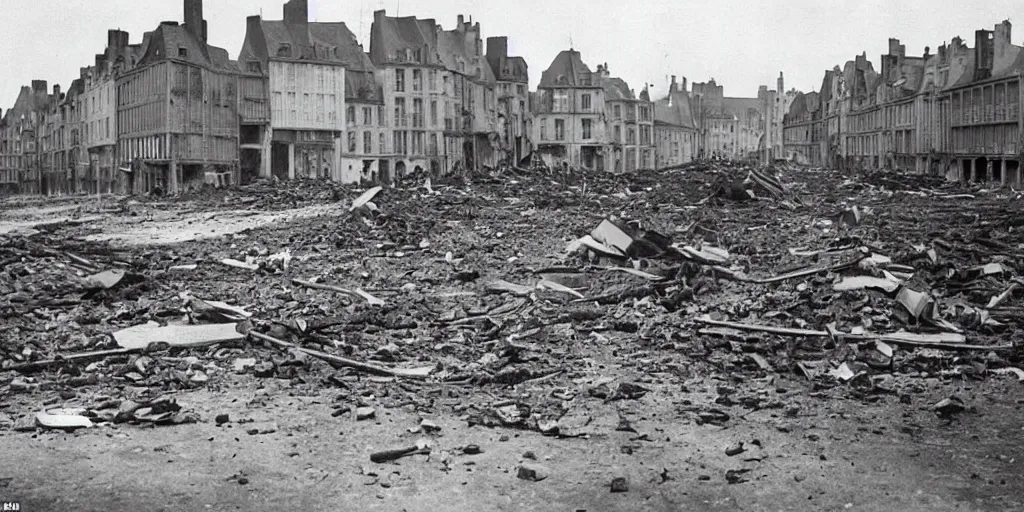 Prompt: “ a photo of the street of saint - malo destroyed after the bombing in 1 9 4 5 ”