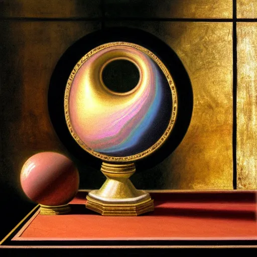 Image similar to still life painting of a room with a marbled pedestal displaying an ancient holy artifact centered in frame and shaped like a torus, chromed and ornate with gentle iridescent shine from within. perspective from the side and centered. realistic light and shadows. moody fantasy magical, still life renaissance pastel painting. focused