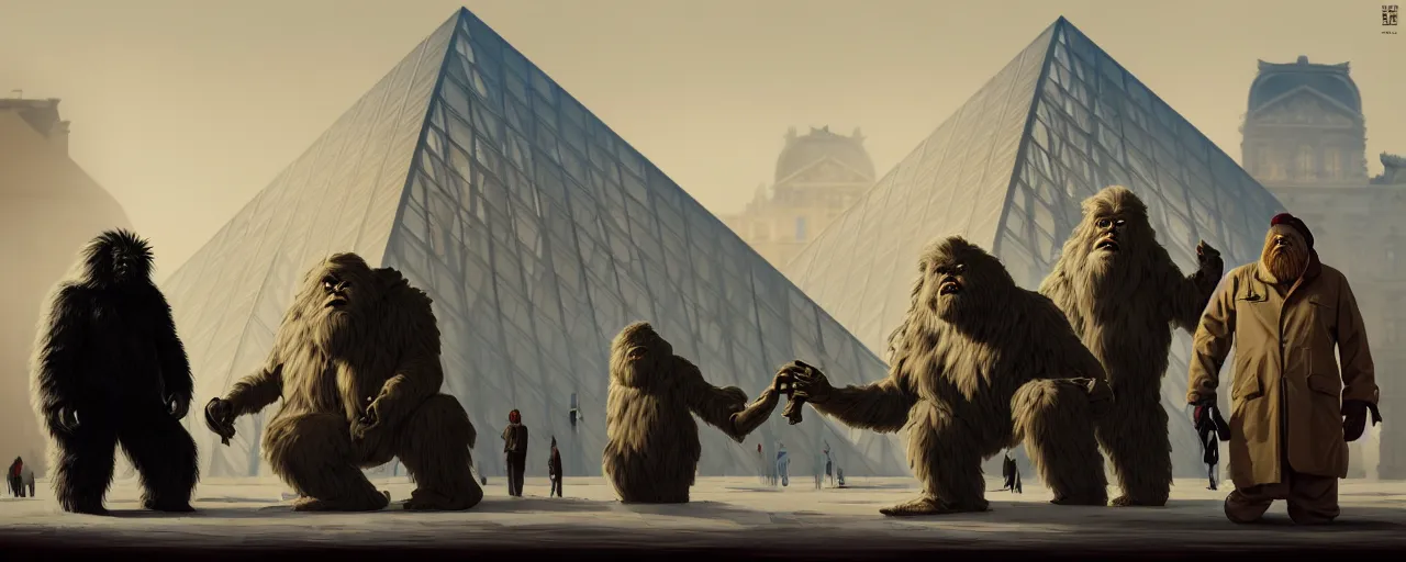 Image similar to duotone noir concept illustration 3 / 4 portrait of yeti and bigfoot visiting louvre museum. cinematic scene. vlumetric lighting. golden rario accidental renaissance. by sachin teng and sergey kolesov and ruan jia and heng z. graffiti art, scifi, fantasy, hyper detailed. octane render. concept art. trending on artstation