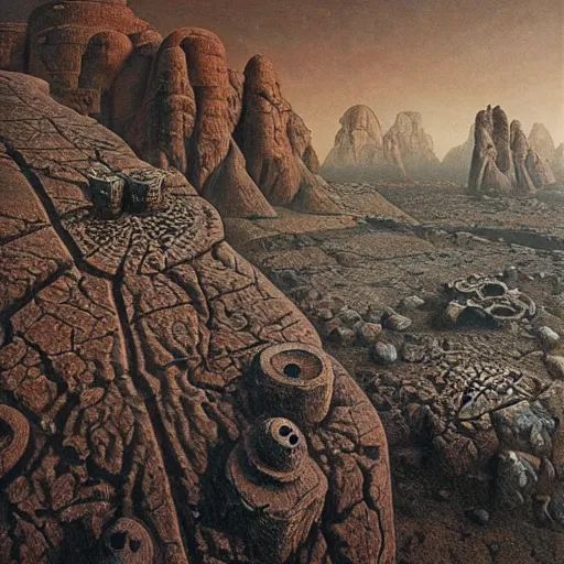 Prompt: steampunl landscape with rock fossils, wadi rum, filigree ornaments, beksinski